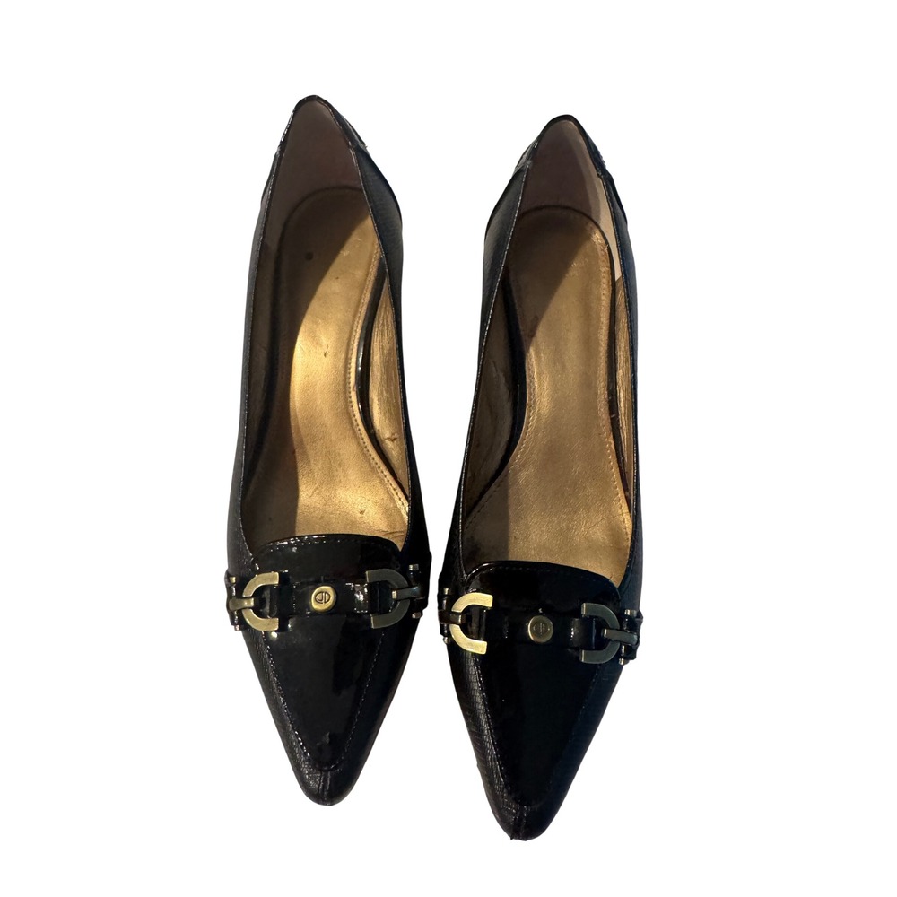Circa Joan & David Black Leather Kitten Heel Pumps Horsebit Buckle Size 9M